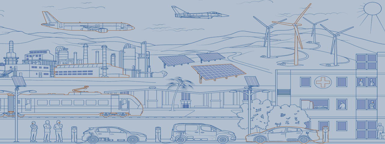 Line drawing showing a scene of  hospital, electric cars, trains, people using mobile phones, factories, aircrafts, wind turbines and solar panels
