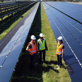 Three people standing in a solar panel farm