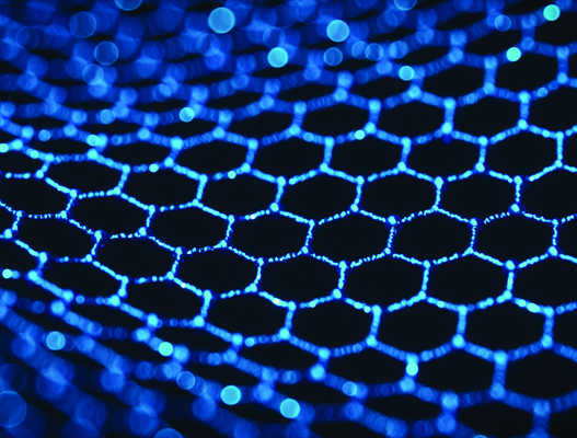 Close-up, abstract scientific visual of a hexagonal molecular or lattice-like structure.