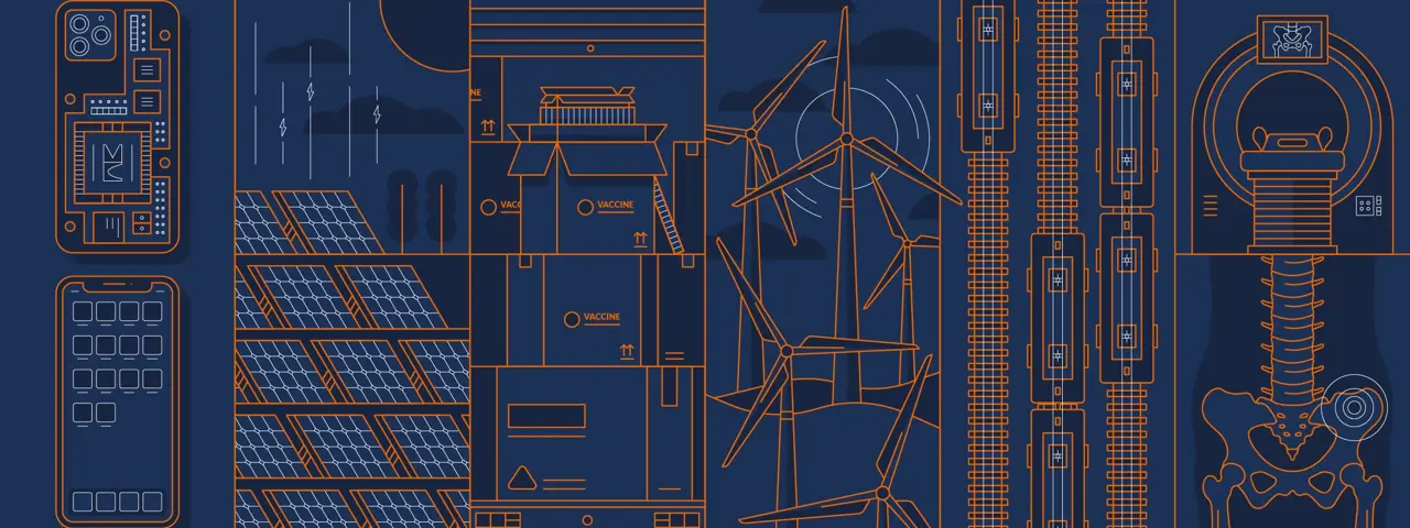 Orange and blue line drawing of key markets