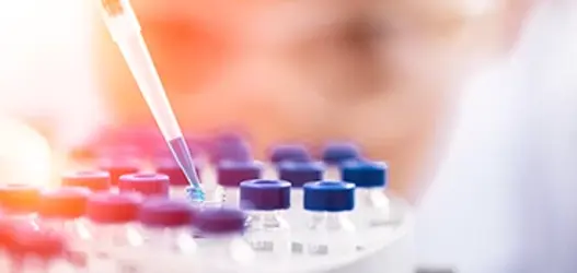 Scientist filling small glass medicine bottles with a pipette