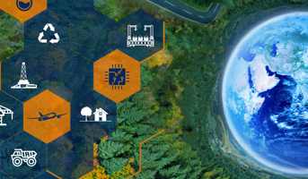 Half of a globe visible over a forest scene, half covered by hexagons containing drawings of markets including aerospce and semiconductor