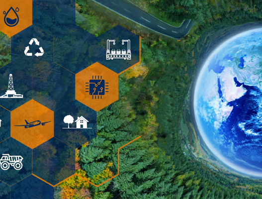 Half of a globe visible over a forest scene, half covered by hexagons containing drawings of markets including aerospce and semiconductor