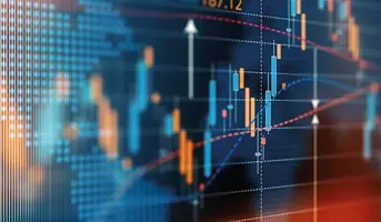 Abstract orange and blue financial chart overlayed on world map