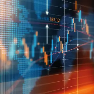 Abstract orange and blue financial chart overlayed on world map
