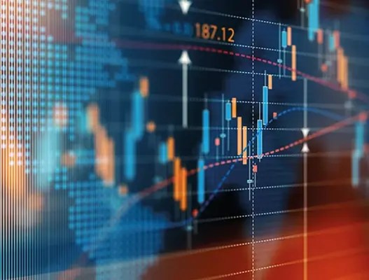 Abstract orange and blue financial chart overlayed on world map