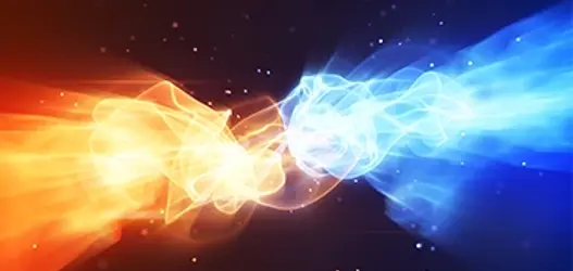 Abstract representation of heat and cold colliding from each side of a circular molecule
